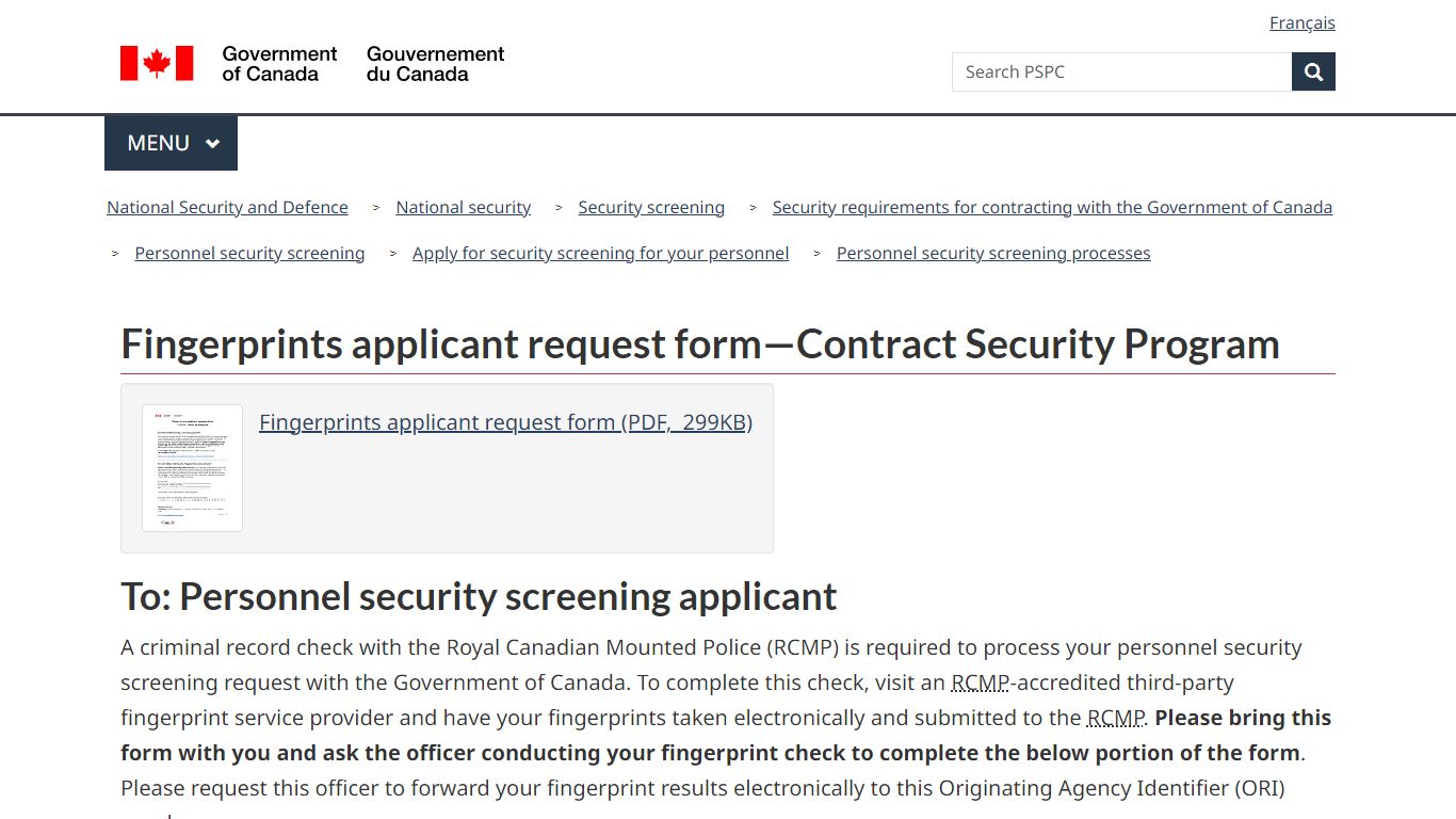 Fingerprints applicant request form—Contract Security Program